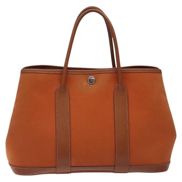 HERMES Garden Party TPM Hand Bag Canvas Leather Orange Silver Auth bs24649 - Picture 1 of 16